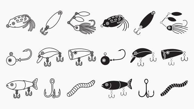 Artificial fishing lures outline and solid icon set. Angling lures line art and silhouette element pack. Fishing bait linear and glyph element collection