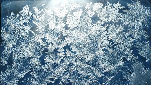 Sunlight shining through intricate frosty patterns on glass, cool winter atmosphere, sparkling ice crystals