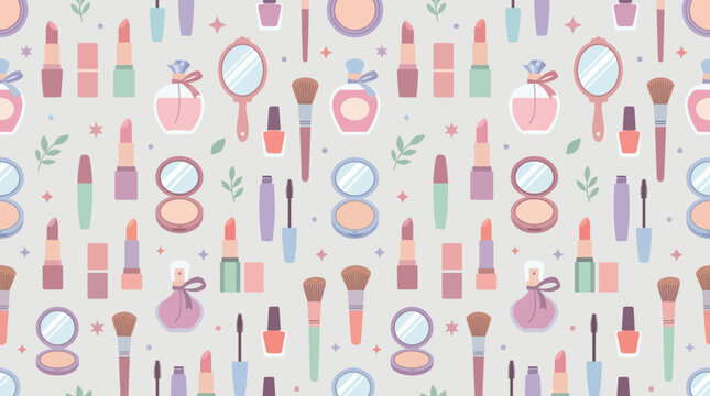 Seamless pattern of cute pastel makeup and beauty products on transparent background