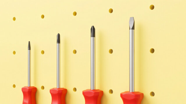 Close-up 3D render of four red-handled screwdrivers in different sizes hanging in a row on a yellow workshop pegboard.