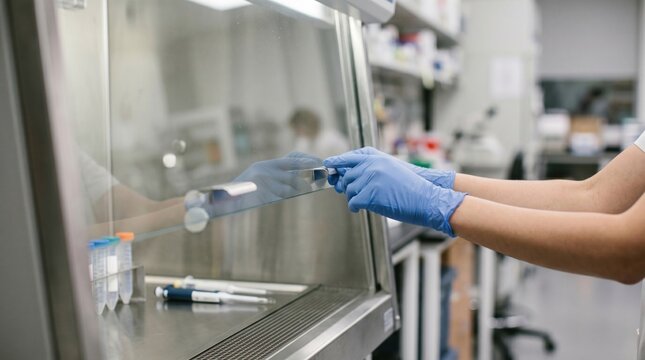 Scientist in blue gloves working inside a laboratory biosafety cabinet