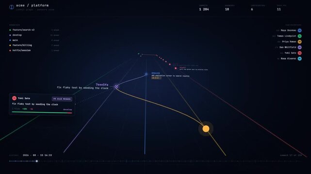 Dark analytics dashboard with an animated line chart event markers and hover tooltips