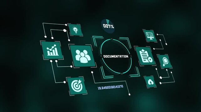Business documentation concept with digital Hud interface icons data management report verification and technology background