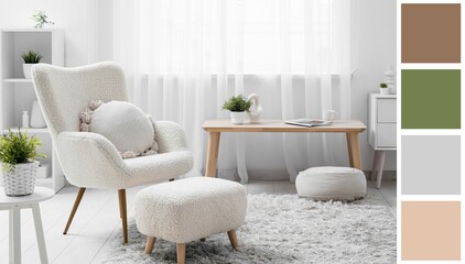 Fototapeta premium Cozy living room interior with a comfortable teddy armchair, ottoman, and wooden coffee table by a window