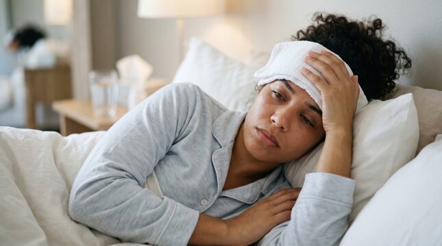 Woman with fever lying in bed with a cold compress on her forehead