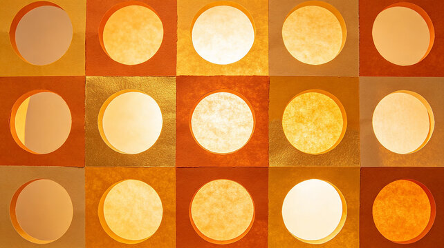 A grid of textured orange and yellow squares with circular cutouts, illuminated from behind to create a warm, glowing abstract pattern.