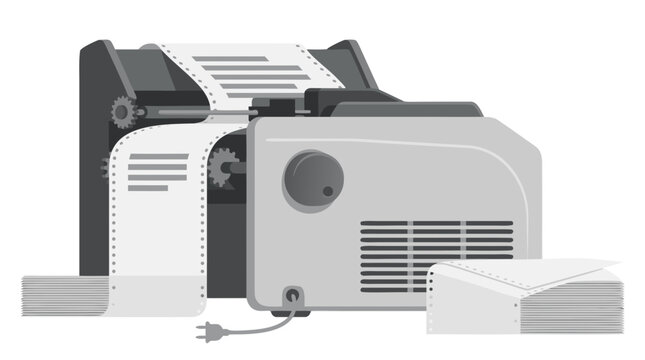 Vintage dot matrix printer with continuous feed perforated paper sheets for retro office data processing illustration