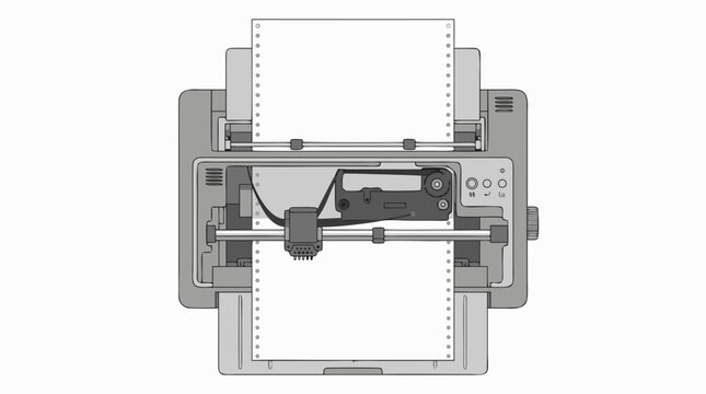 Vector style dot matrix printer with continuous tractor feed paper technical schematic illustration office hardware