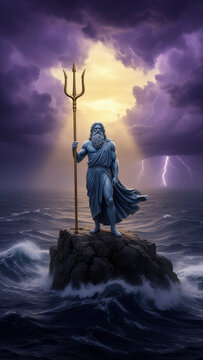 Poseid&oacute;n, Neptuno, dios del mar, mitolog&iacute;a griega, dios griego, tridente, oc&eacute;ano, mar, dios del oc&eacute;ano, mitolog&iacute;a, estatua, escultura, dios mitol&oacute;gico, tormenta, rayos, rel&aacute;mpagos, cielo dram&aacute;tico, ol