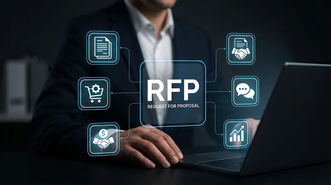 Businessman interacting with digital RFP request for proposal hologram interface