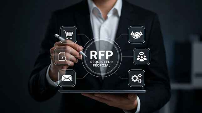 Businessman interacting with digital RFP request for proposal icon interface