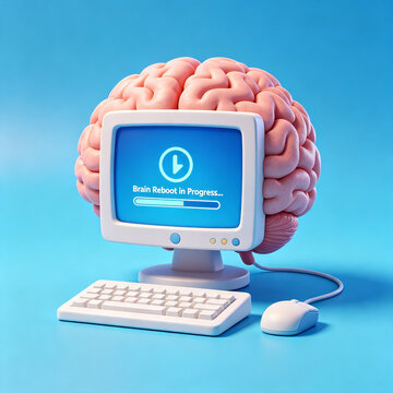 A 3D rendering of a human brain with a vintage computer monitor displaying 'Brain Reboot in Progress' on a blue background.