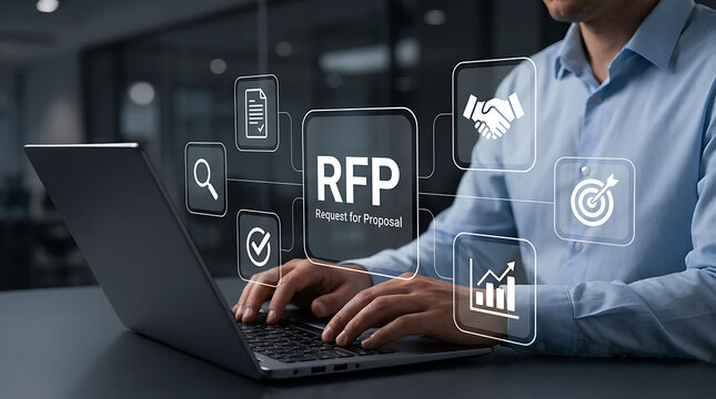 Professional man typing on a laptop with digital RFP request for proposal icons