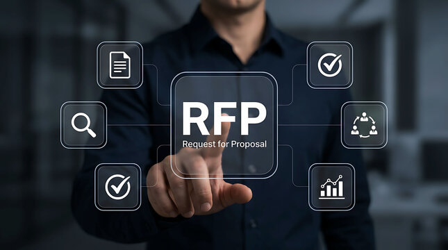 Businessman interacting with digital RFP request for proposal screen interface