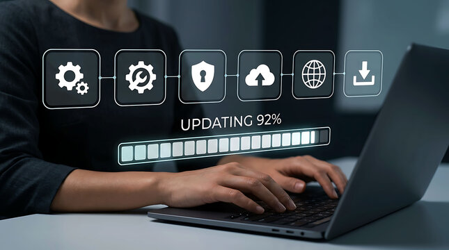 Woman typing on laptop with software update loading progress bar and tech icons