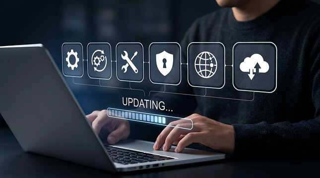 Person using a laptop with digital futuristic software updating graphics overlay