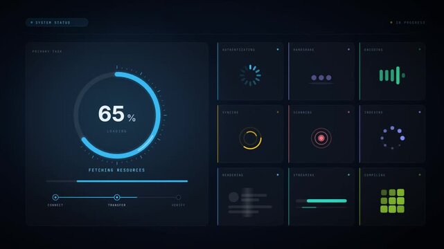 System status loading screen with circular progress rings and animated preloader modules