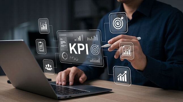 Businessman analyzing key performance indicators with futuristic digital tech