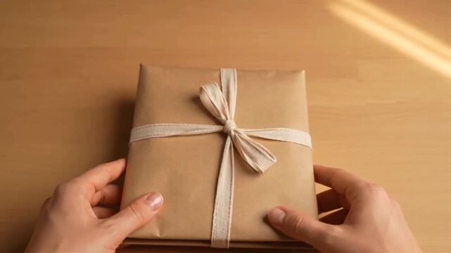 Hands Holding Eco Friendly Gift Box Wrapped in Kraft Paper