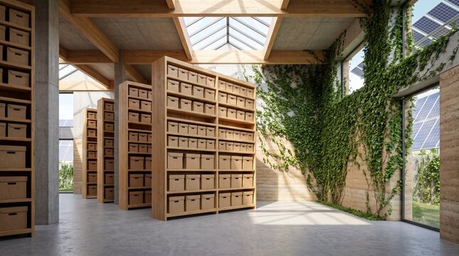 Modern archive room with tall wooden shelves and storage boxes