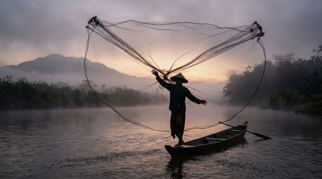 Fisherman casting net from boat at sunrise