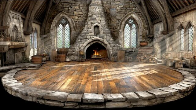 Cozy stone interior with wooden floor and fireplace in a rustic setting