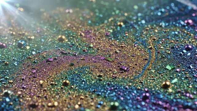 Iridescent oil slick in water with colorful rainbow sheen, macro view of metallic bubbles and abstract patterns, ethereal light flares