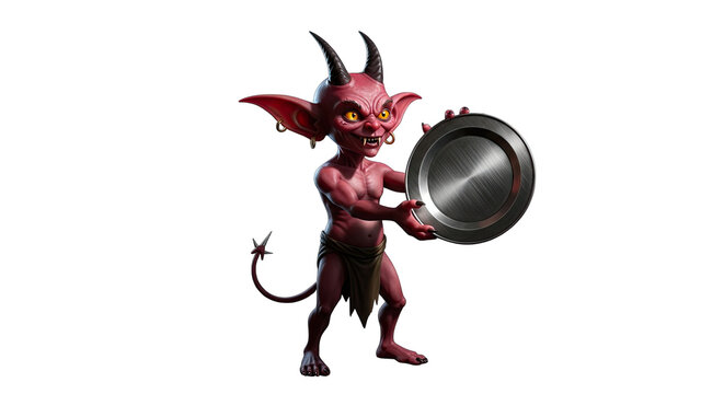 Little Devil Holding Metallic Plate Isolated