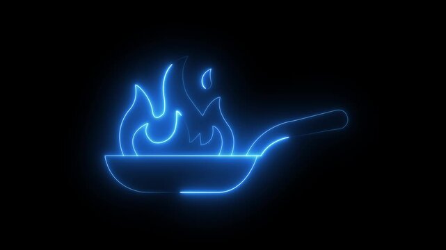 Animated neon frying pan with steaming hot food over burning flames, minimal line cooking icon design kitchen, meal, and restaurant