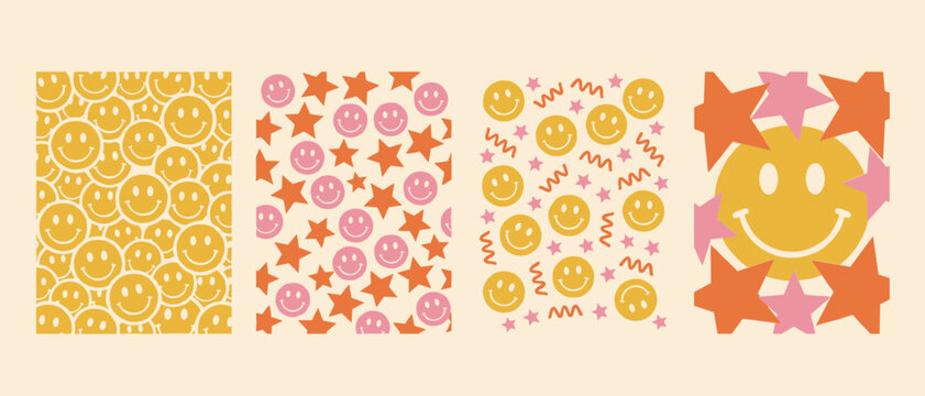 Retro Smiley Face Seamless Pattern Set &ndash; Groovy Star and Flower Vector Background Collection in Pink and Yellow