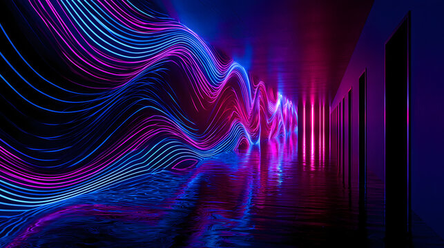 The image, a 3D rendition, depicts a futuristic technological backdrop adorned with abstract, glowing lines reminiscent of Sci Fi neon waves that illuminate a dim hallway, casting reflections on the f