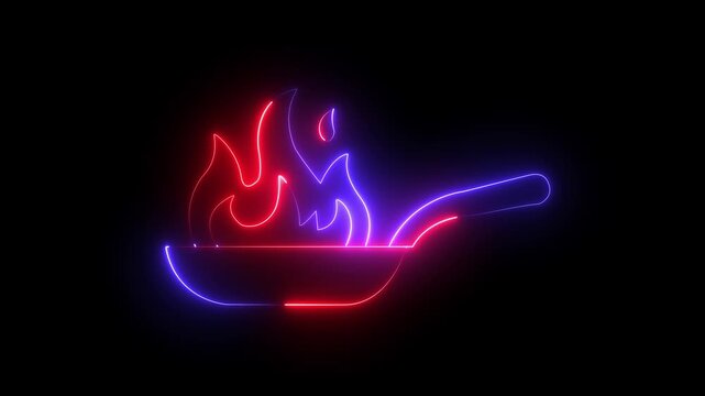 Animated neon frying pan with steaming hot food over burning flames, minimal line cooking icon design kitchen, meal, and restaurant