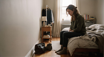 Fototapeta premium Melancholic Woman Sitting on Bed Before Leaving Home with Copy Space
