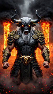 minotauro, criatura mitol&oacute;gica, mitolog&iacute;a griega, guerrero, monstruo, toro, hombre toro, guerrero fant&aacute;stico, fantas&iacute;a, fantas&iacute;a oscura, armadura, guerrero mitol&oacute;gico, criatura sobrenatural, fuego, in