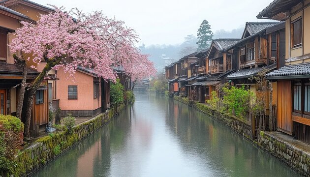 Japanese canal with cherry blossoms & wooden buildings on either side. It conveys the unique beauty and peaceful atmosphere of Japan in Spring.