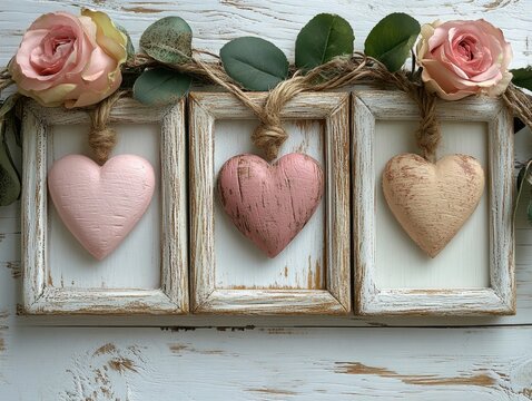 Three framed wooden hearts hang with roses on a rustic white wood background. Use this image to showcase love, home decor, or Valentine's Day themes.