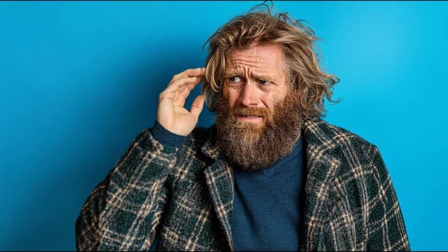 Man touches his hair while looking at the camera with a blue background in an indoor setting