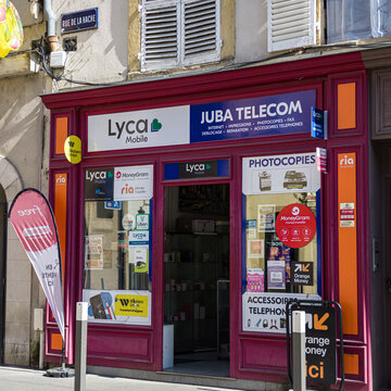 METZ, FRANCE - AUGUST 13, 2026 - Juba Telecom shop with Lyca Mobile and money transfer services on Rue de la Hache