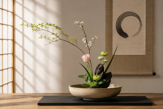 Japanese Ikebana Flower Arrangement in Minimal Zen Interior