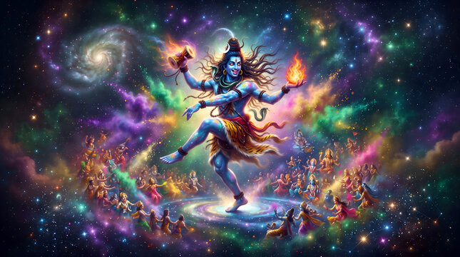 Lord Shiva Performing Divine Cosmic Dance Nataraja in Universe Surrounded by Devas