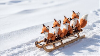 Naklejka premium Four plush foxes ride a wooden sled through snowy landscape.