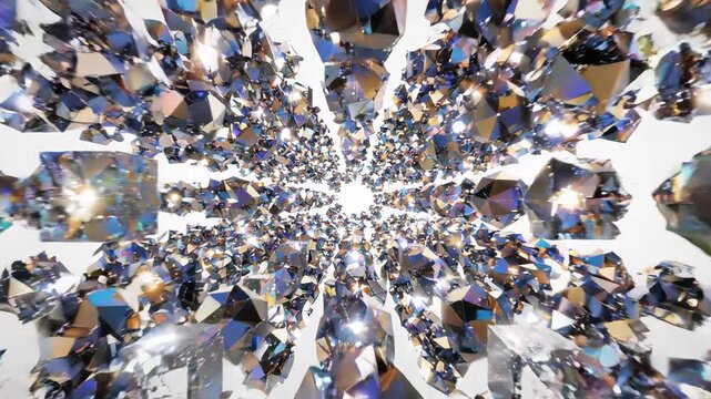 Abstract kaleidoscope tunnel of sparkling gemstone shards and diamonds, shimmering light effects, luxurious crystal facets, geometric shapes forming a vibrant portal