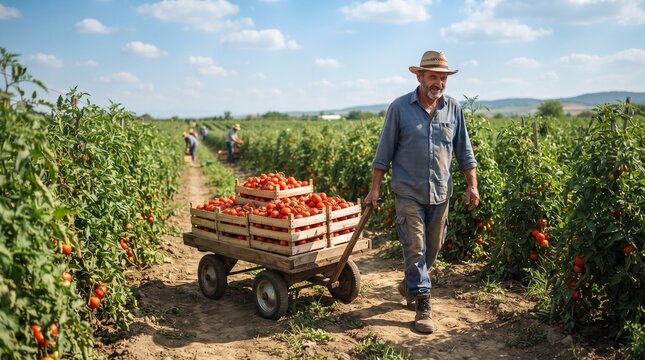 Smiling Male Farmer Pulling Cart Full of Fresh Tomato Crates Through Field Rows