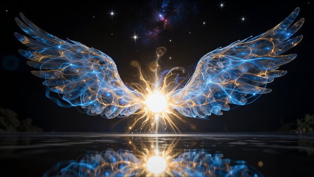 Glowing blue wings spread wide, reflecting in water under starry night sky.