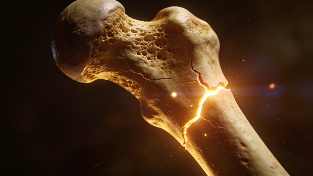 Detailed 3D render of a human femur bone with glowing fractures against a dark background