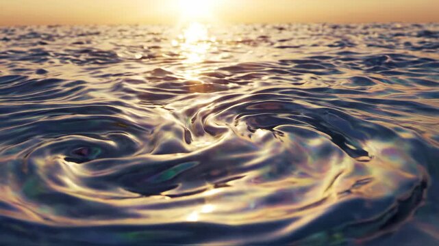 Ocean water surface ripples and waves reflecting golden sunset sun, creating iridescent rainbow oil slick colors, tranquil seascape