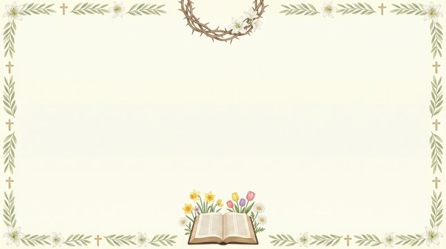Religious Easter Spring Border with Open Bible and Crown of Thorns