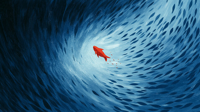 Leadership Concept with Red Fish Swimming Against School of Fish