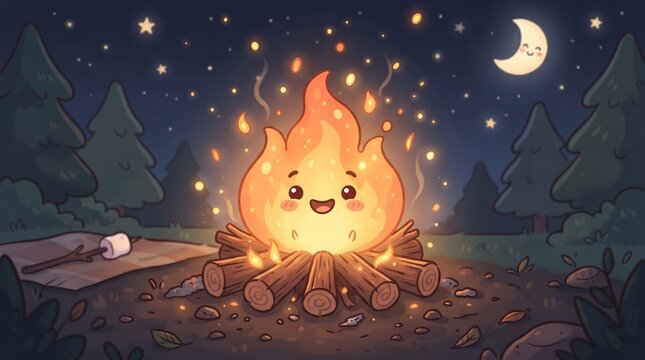 Adorable animated campfire with a cute smiling flame glowing warmly in a dark forest at night. Cozy cartoon illustration featuring stars, pine trees, and a crescent moon.