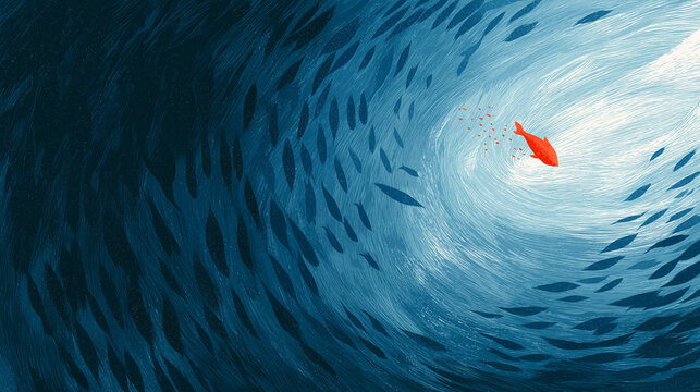 Leadership Concept with Red Fish Swimming Against School of Fish
